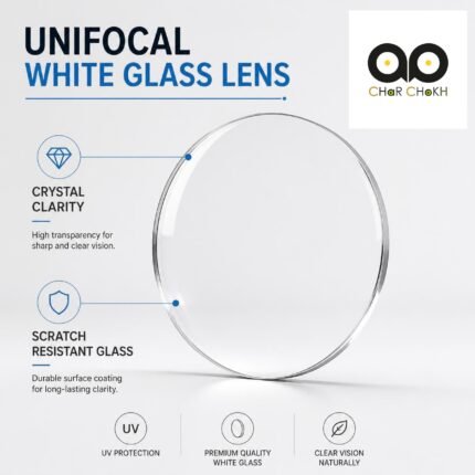 Clear round glass unifocal prescription lens showcasing scratch resistance from Char Chokh.